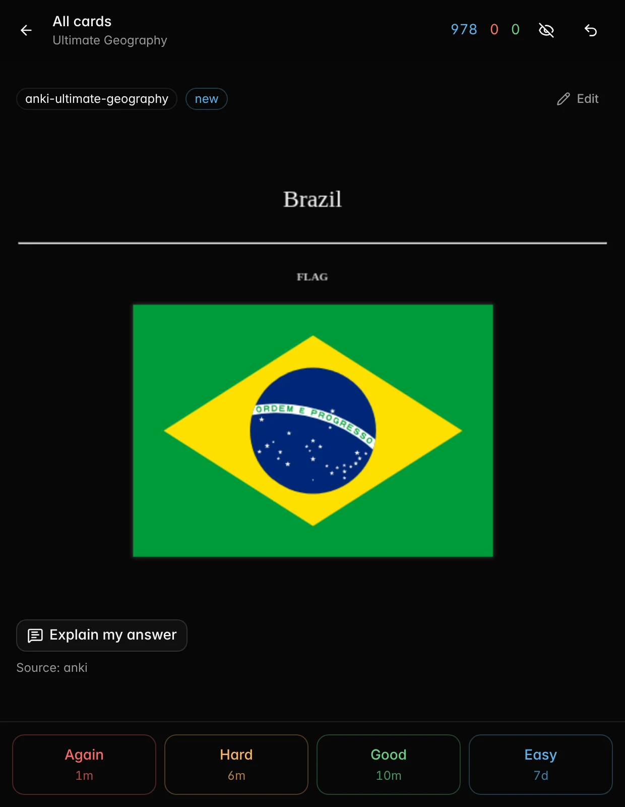 A flag card from Ultimate Geography, imported from Anki, studied in Etude