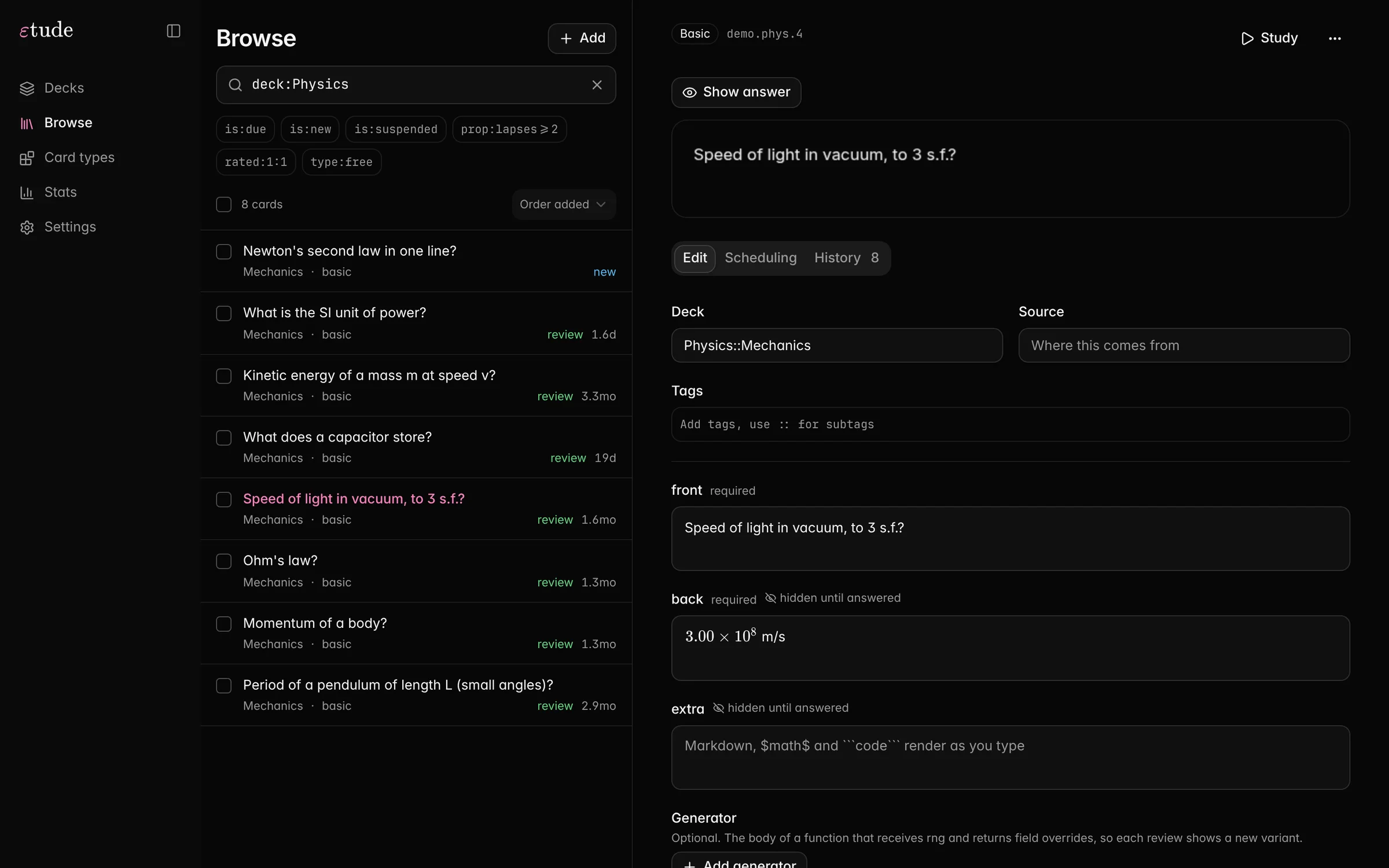 Browse: a search, a list of cards and the card editor