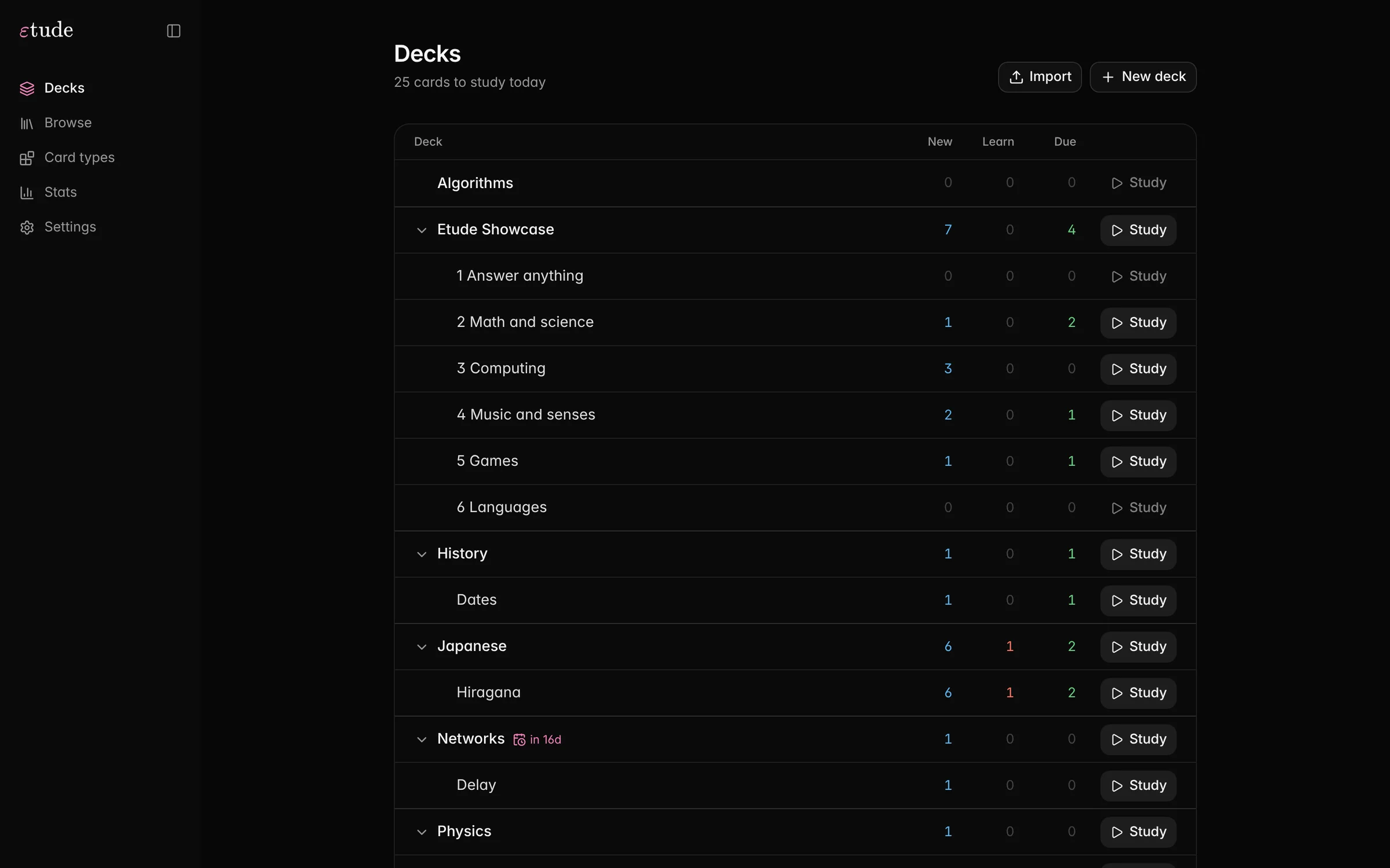 The Decks page: a tree of decks with new, learning and due counts