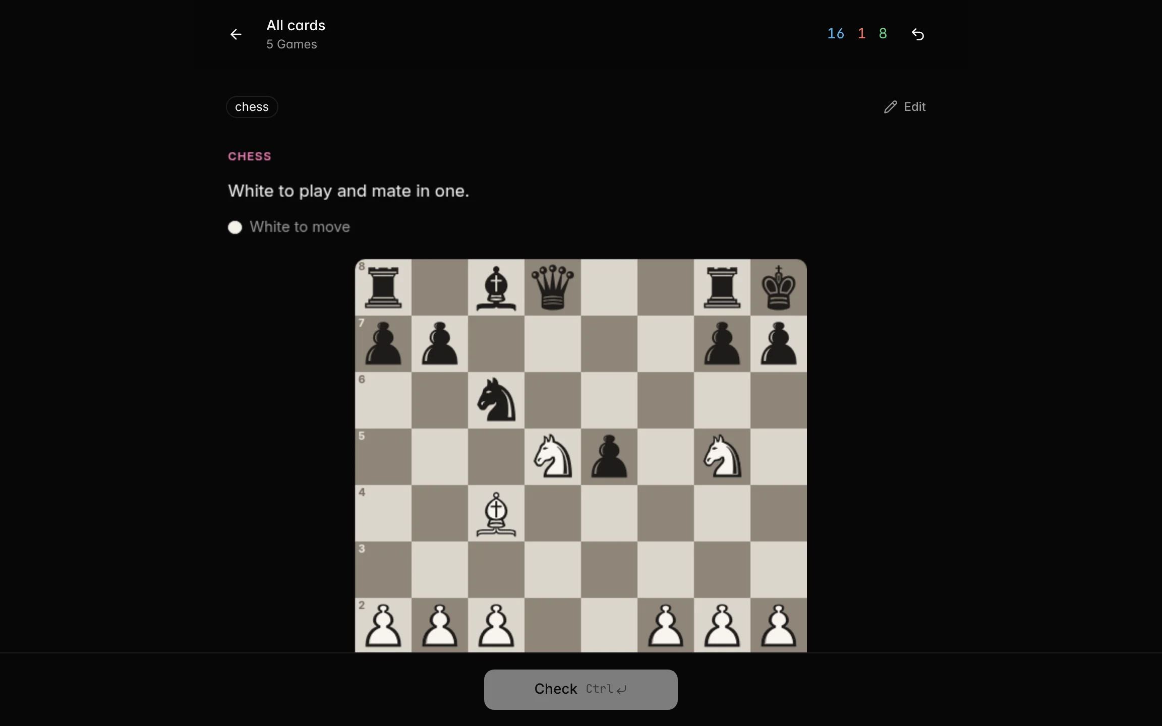 Studying a chess card: White to play and mate in one