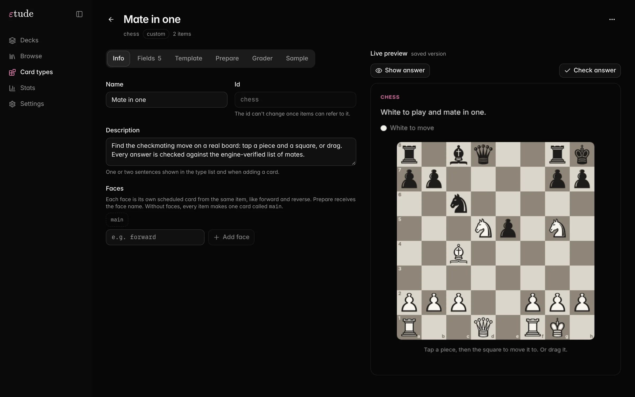 The card type editor with a live preview of the chess card