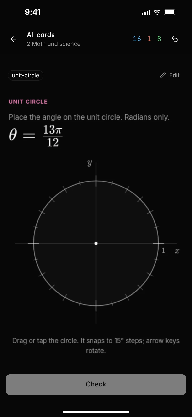 A unit circle card on a phone